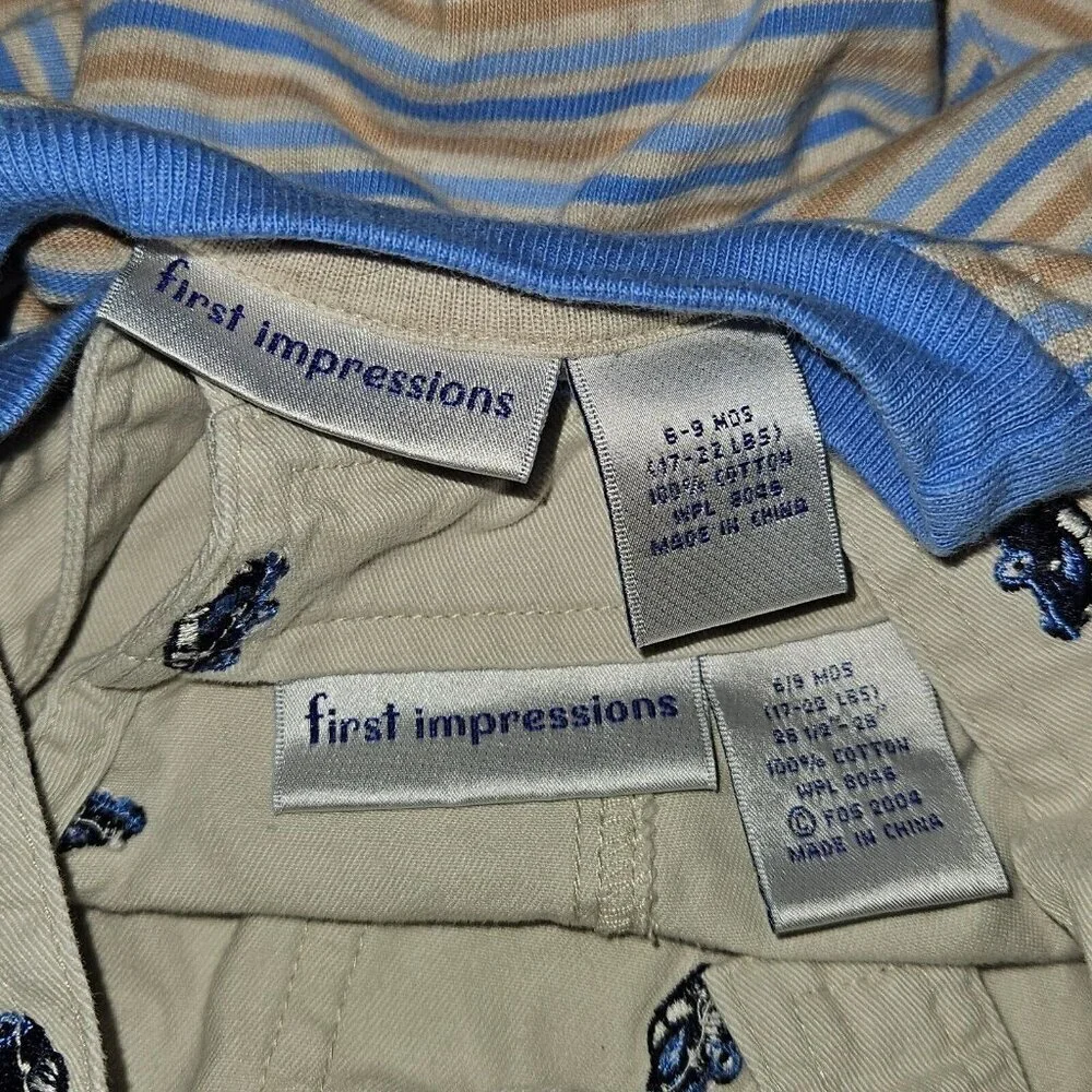First Impressions Shirt Shortalls Outfit Tan Blue Embroidered Cars 6/9 Months